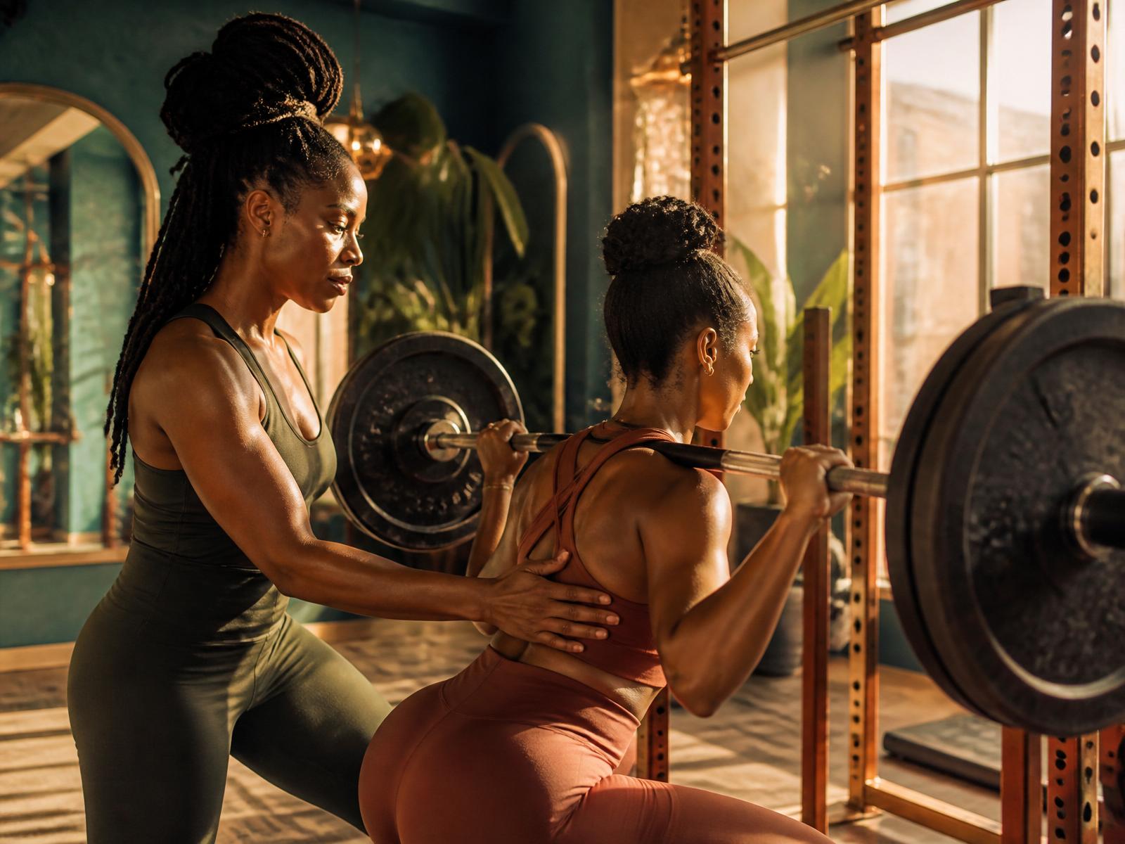 Coach guiding a client through a barbell squat